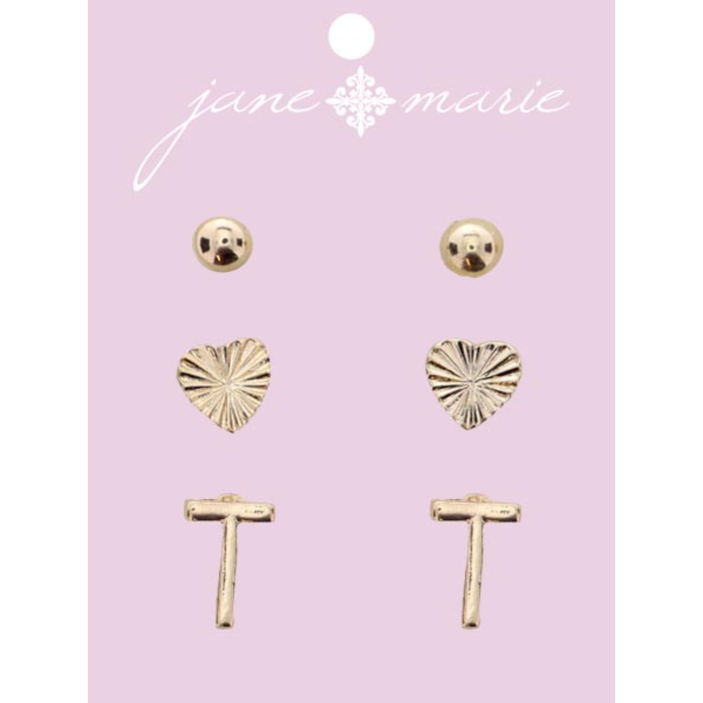 3 Stud, Gold "T" Initial, Gold Heart, and Gold Bead Earring