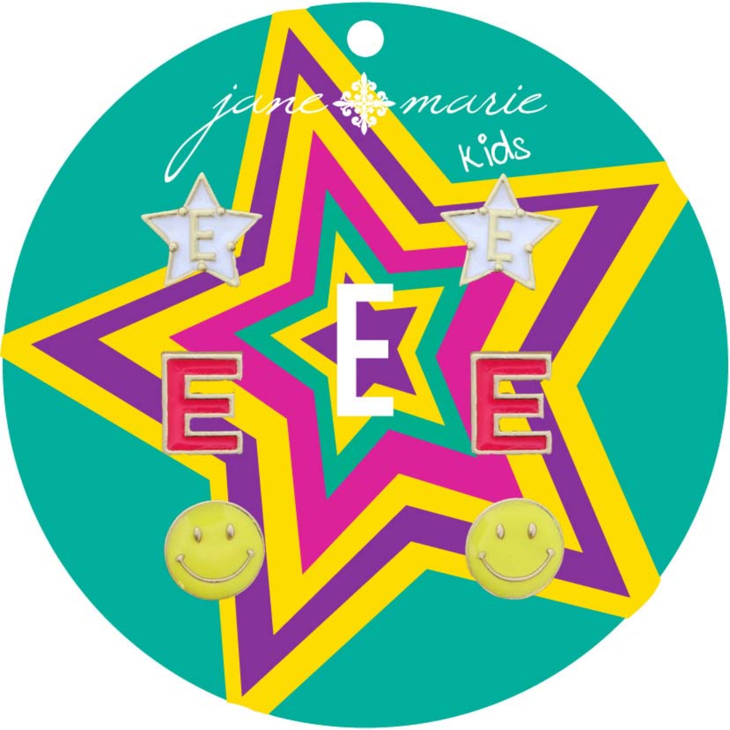 Kids Set of 3, White "E" Star, Hot Pink "E", Yellow Happy Face Earring