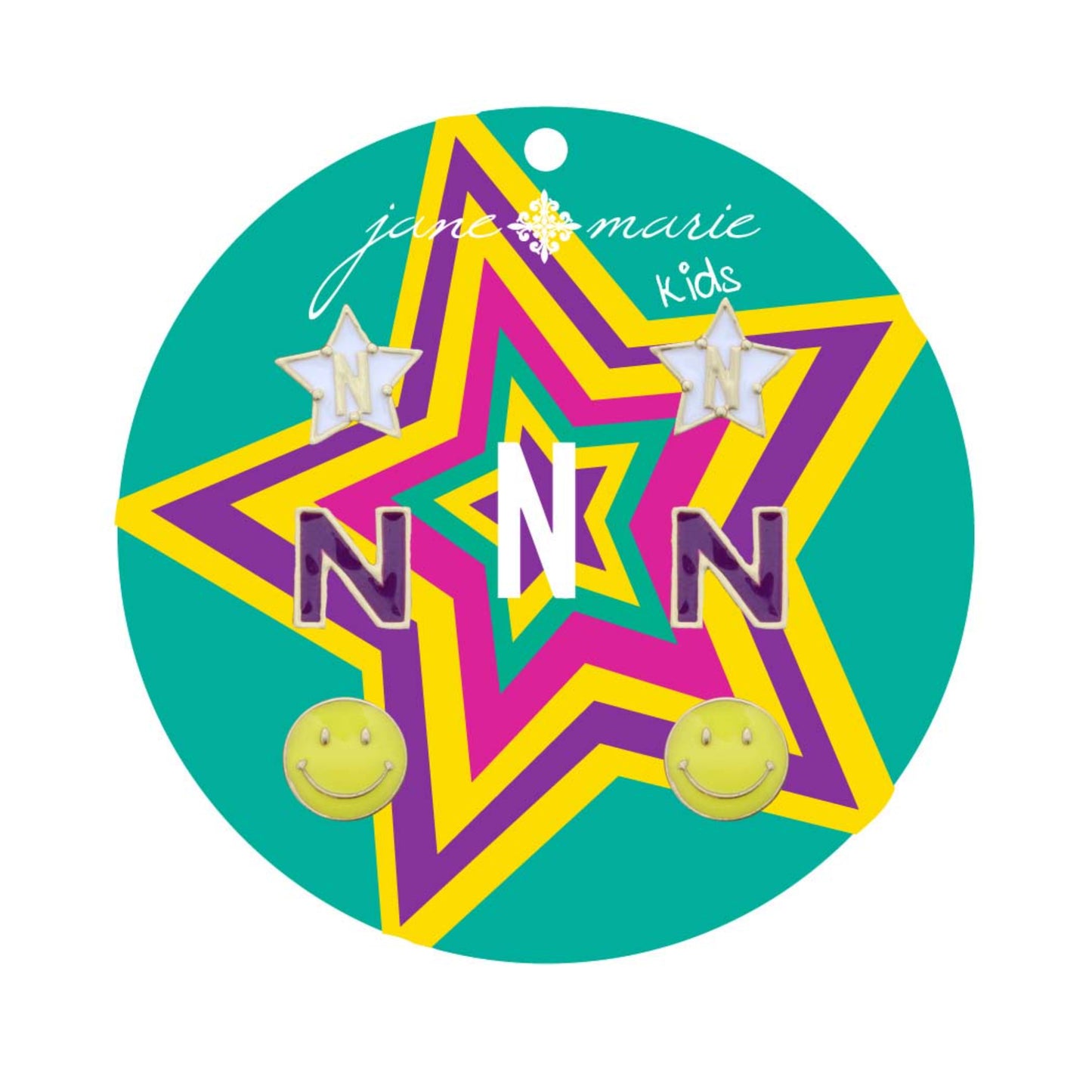 Kids Set of 3, White "N" Star, Purple "N", Yellow Happy Face Earring