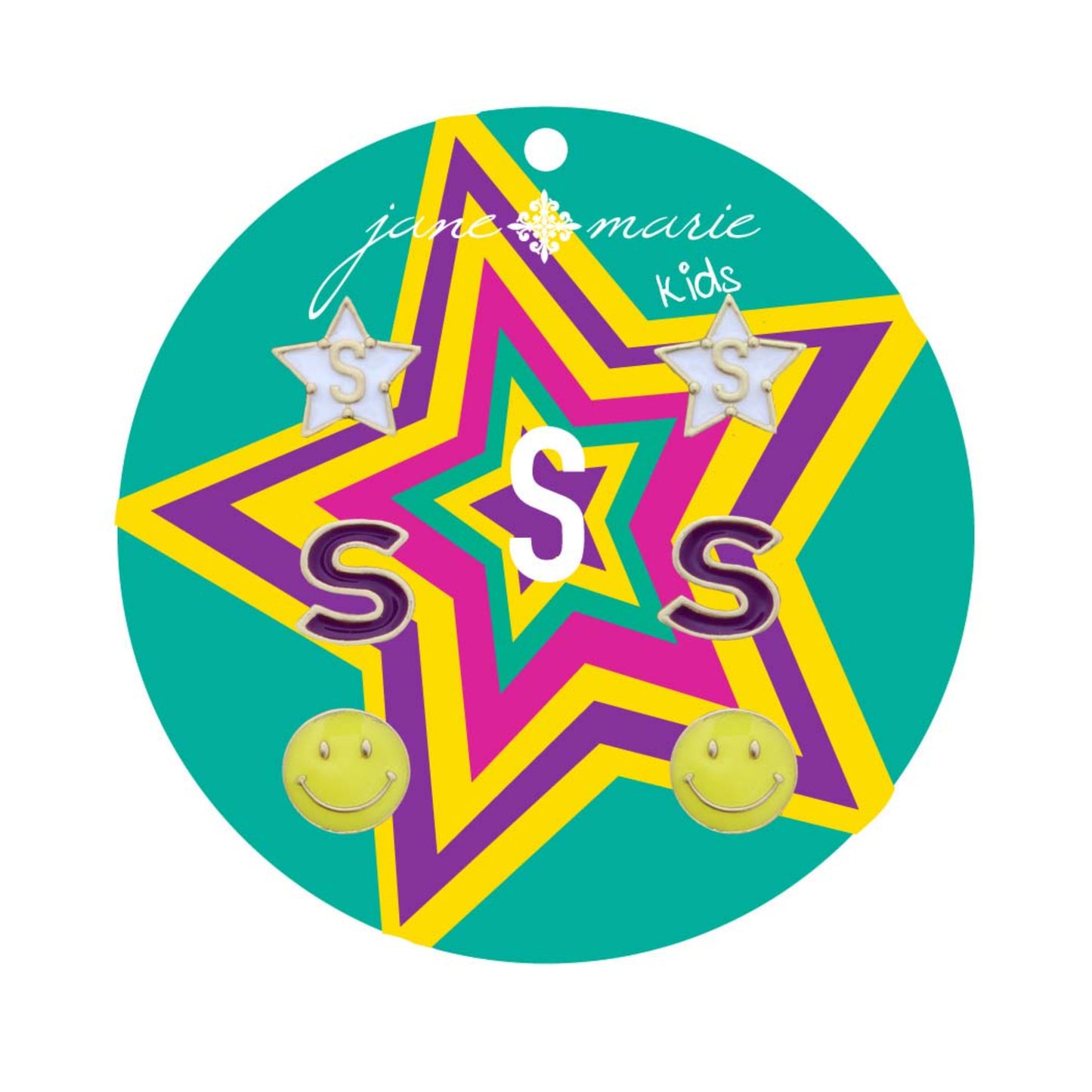 Kids Set of 3, White "S" Star, Purple "S", Yellow Happy Face Earring