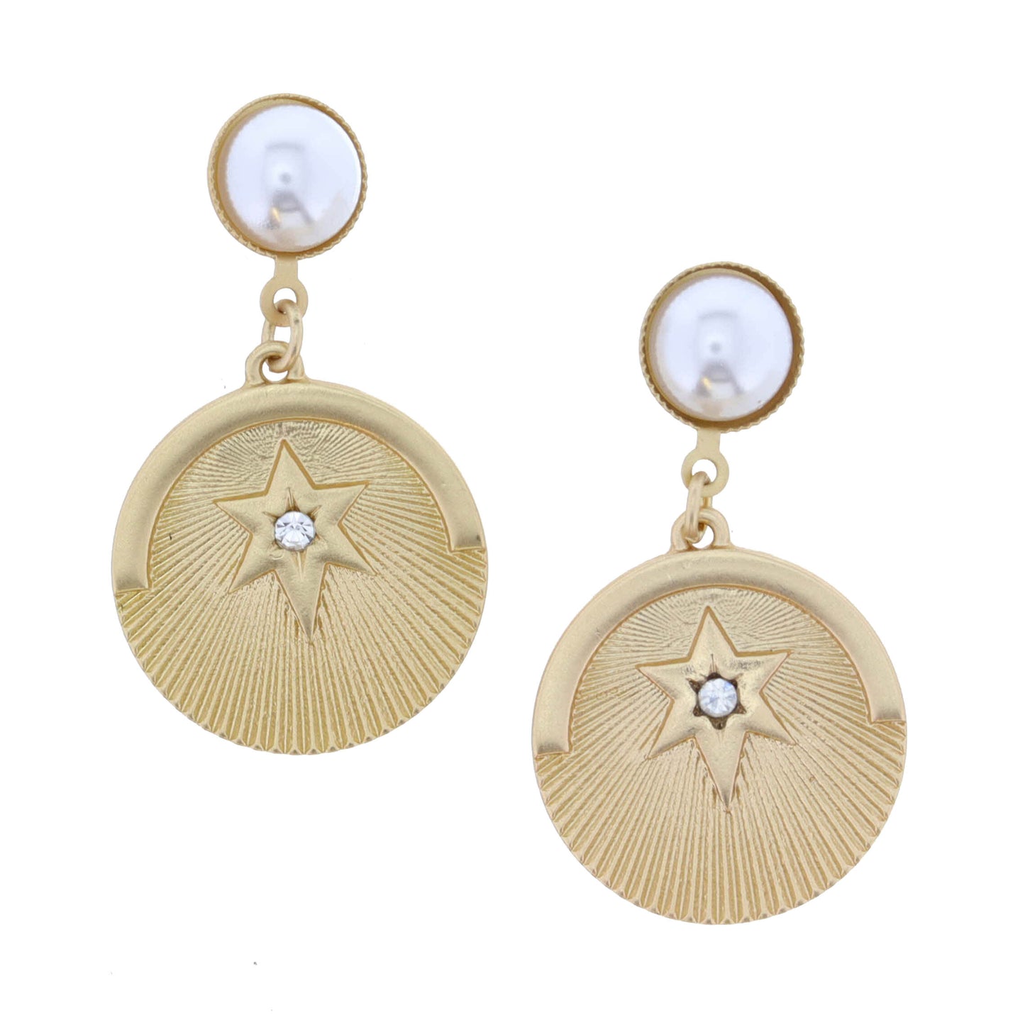 Pearl Cabochon with Crystal Star on Textured Disk Earring