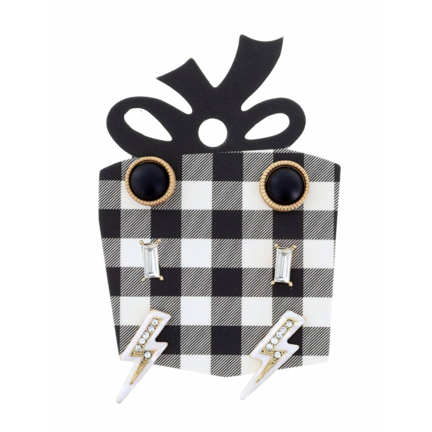 Jet Circle, Crystal Rectangle White Lightning Bolt with Crystals Earring