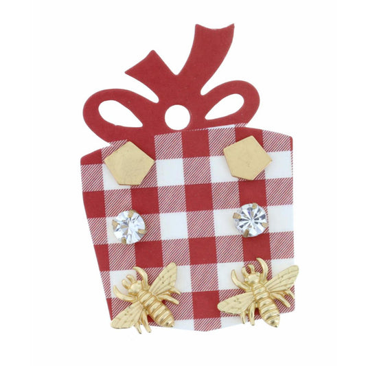 Gold Pentagon, Crystal Circle, Gold Bee Earring