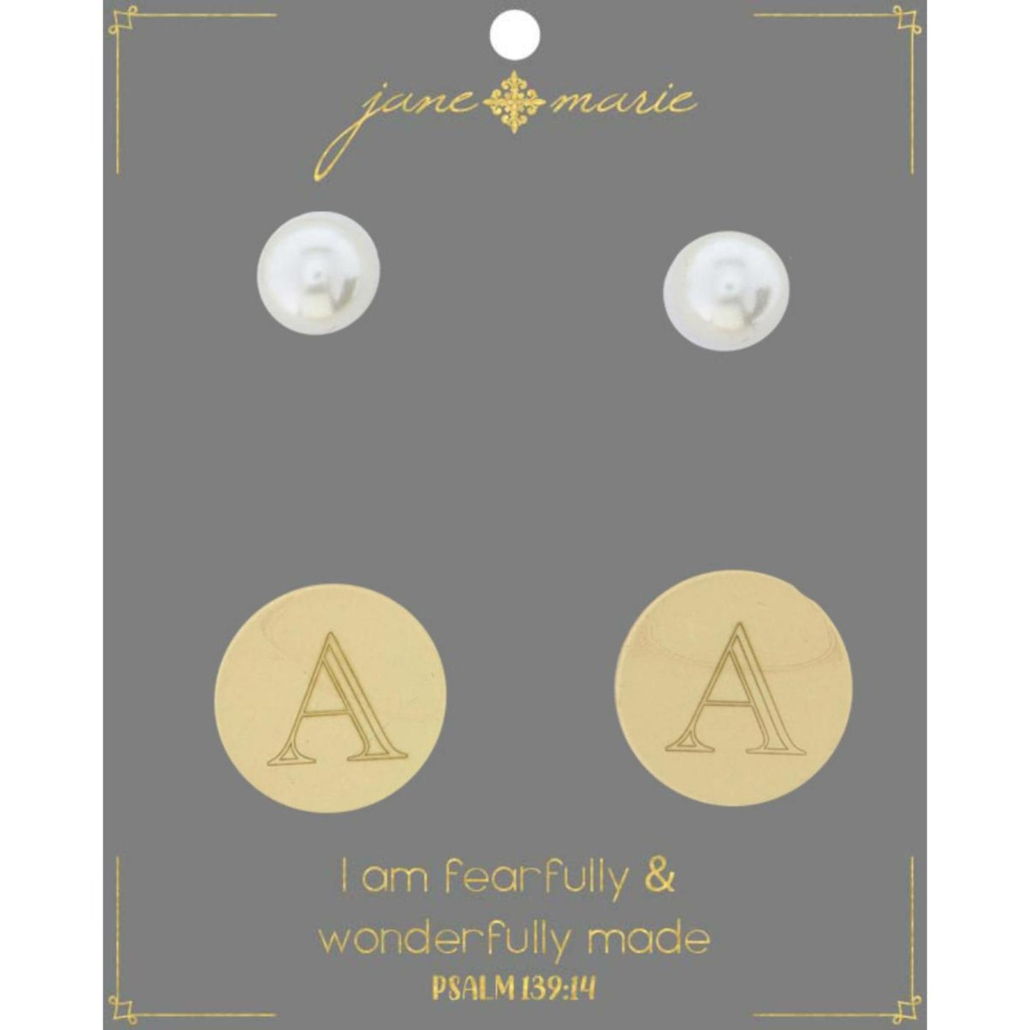 Set of 2, Pearl with Engraved "A" on Gold Disk Stud Earring