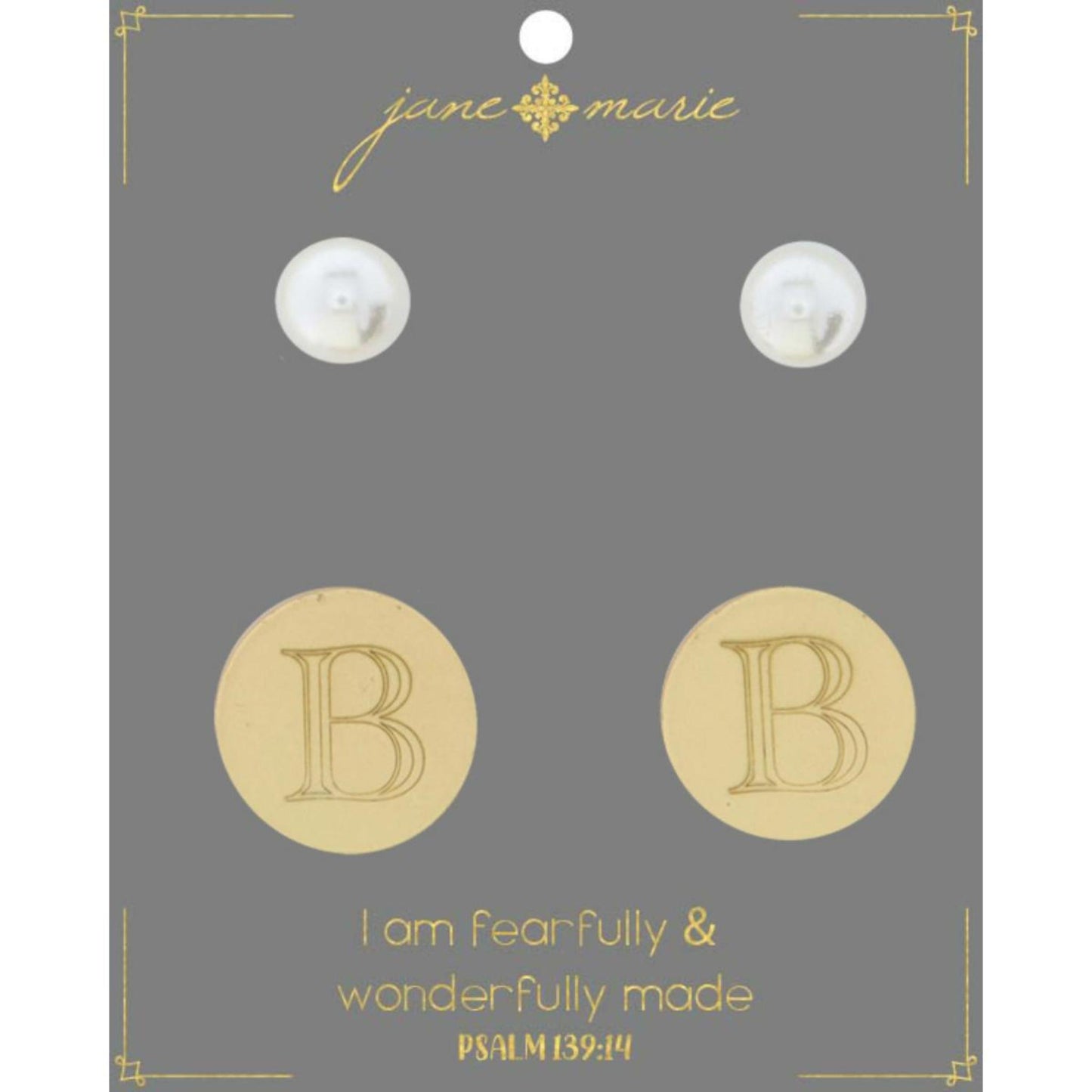 Set of 2, Pearl with Engraved "B" on Gold Disk Stud Earring