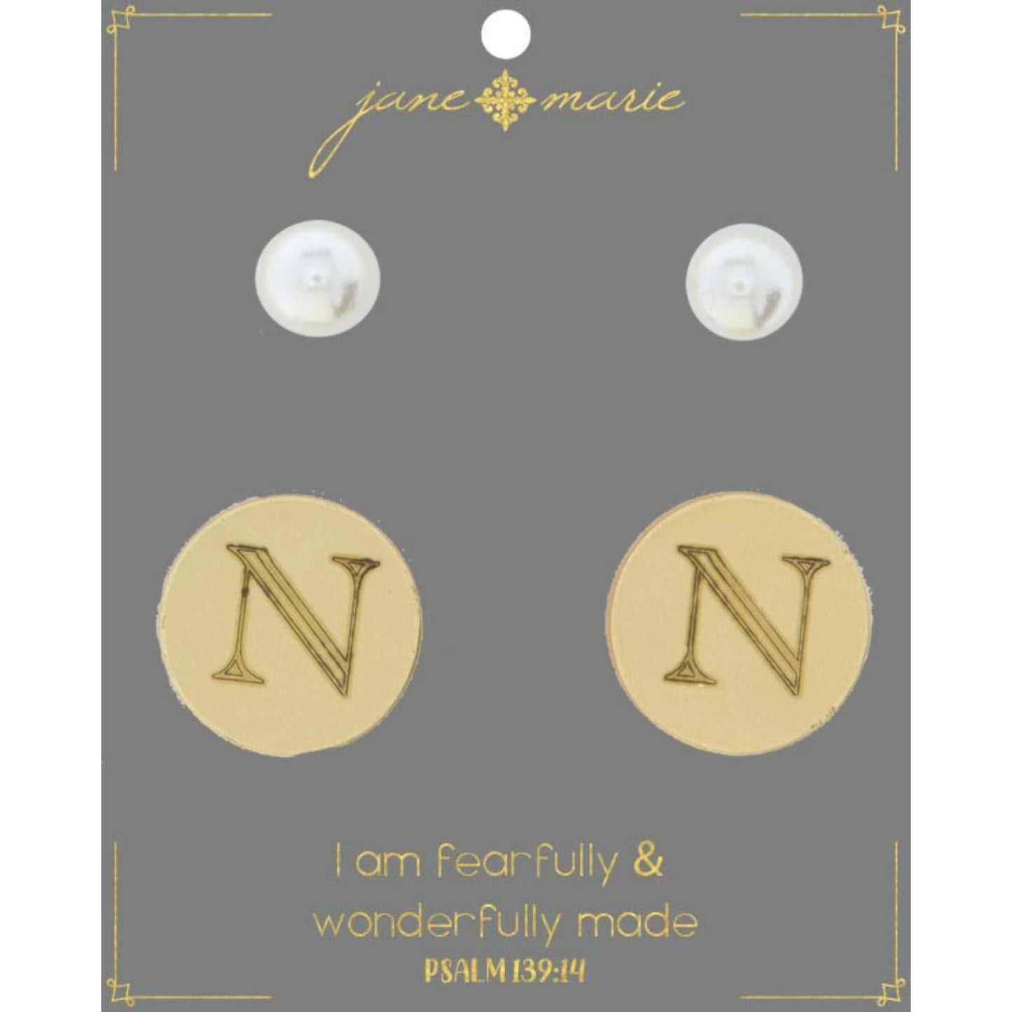 Set of 2, Pearl with Engraved "N" on Gold Disk Stud Earring