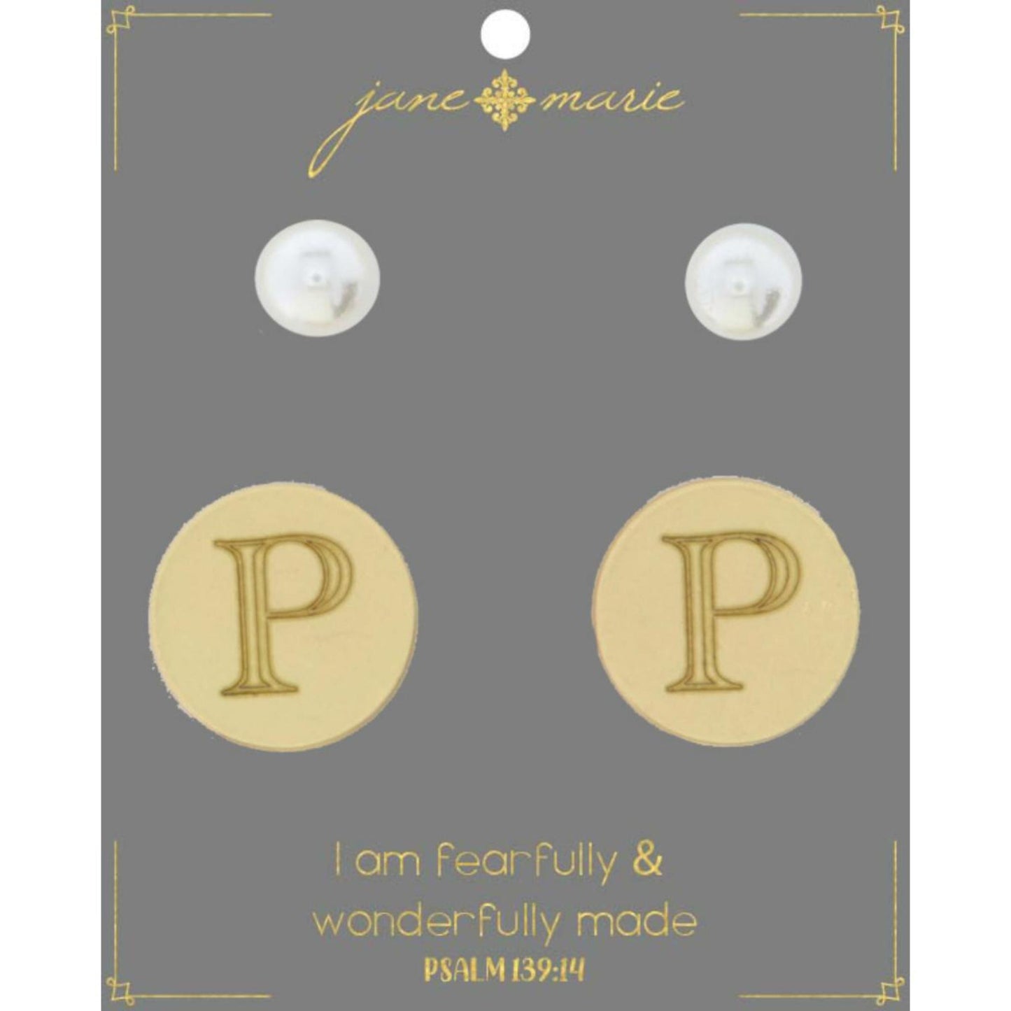 Set of 2, Pearl with Engraved "P" on Gold Disk Stud Earring