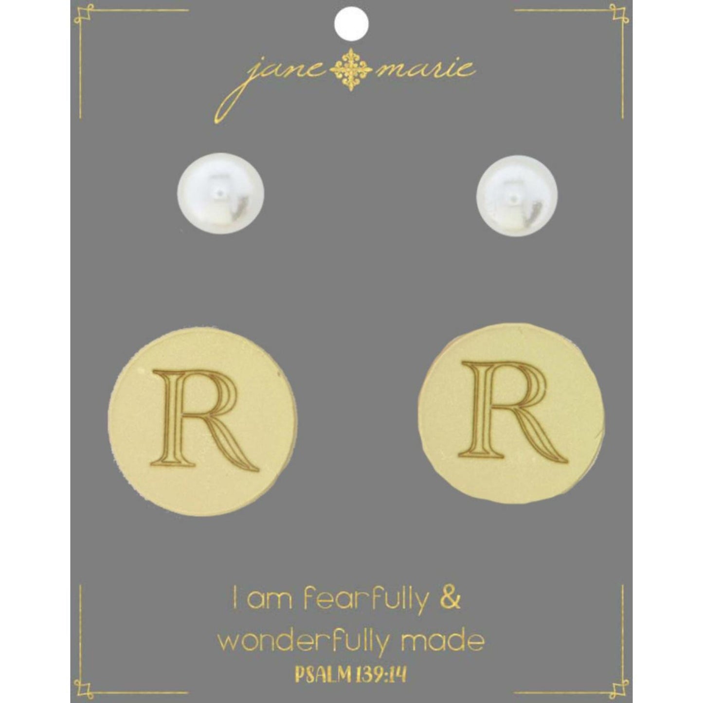 Set of 2, Pearl with Engraved "R" on Gold Disk Stud Earring