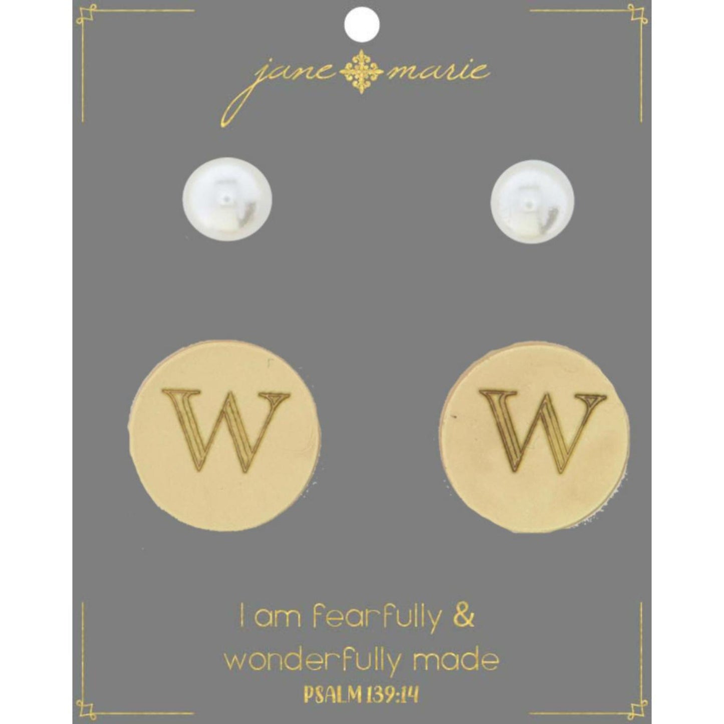 Set of 2, Pearl with Engraved "W" on Gold Disk Stud Earring