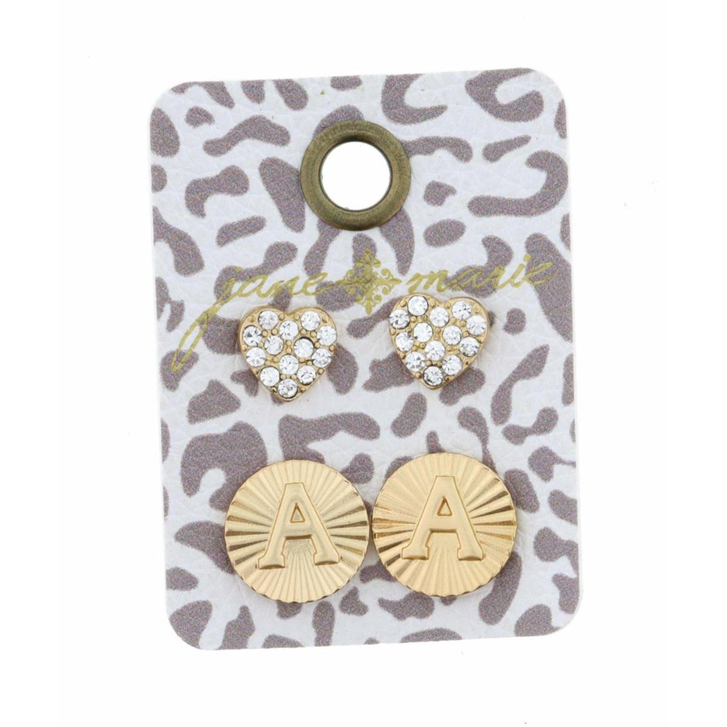 Set of 2, Crystal Heart and Gold Textured Disc with Initial "A" Earrings