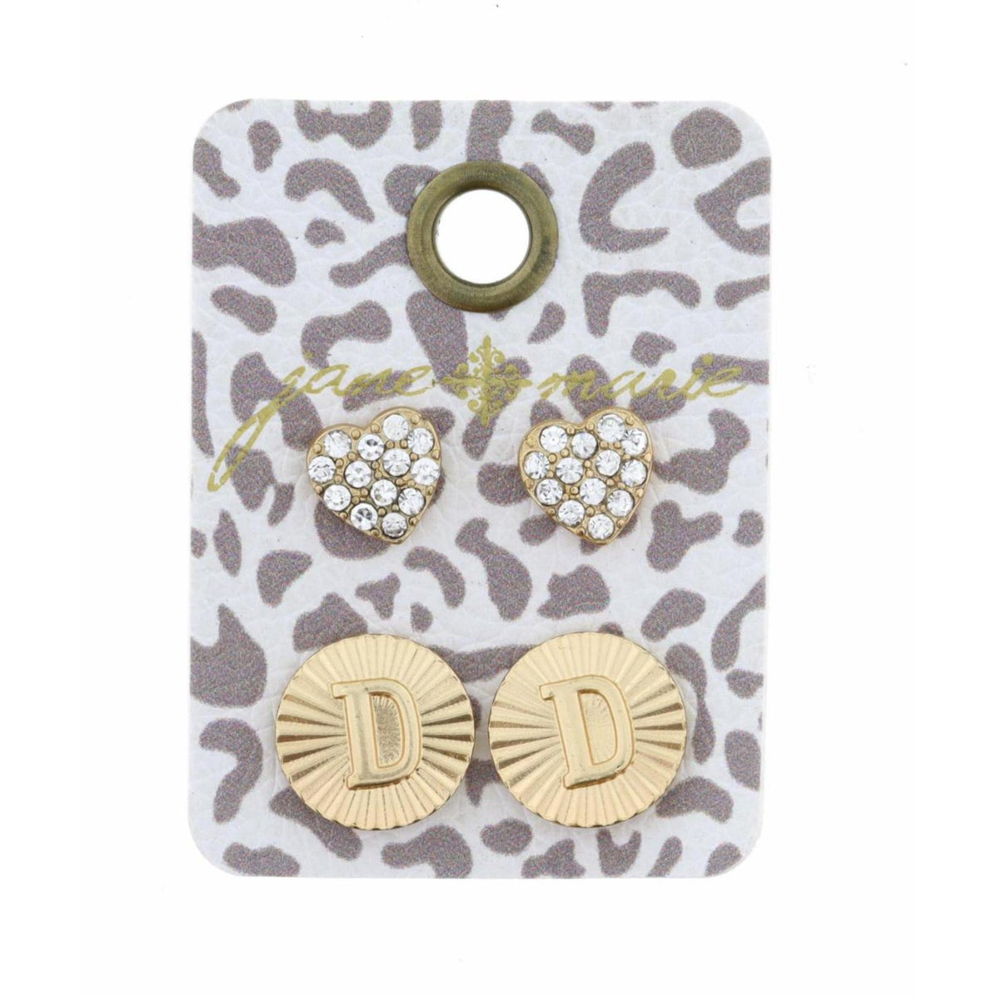 Set of 2, Crystal Heart and Gold Textured Disc with Initial "D" Earrings