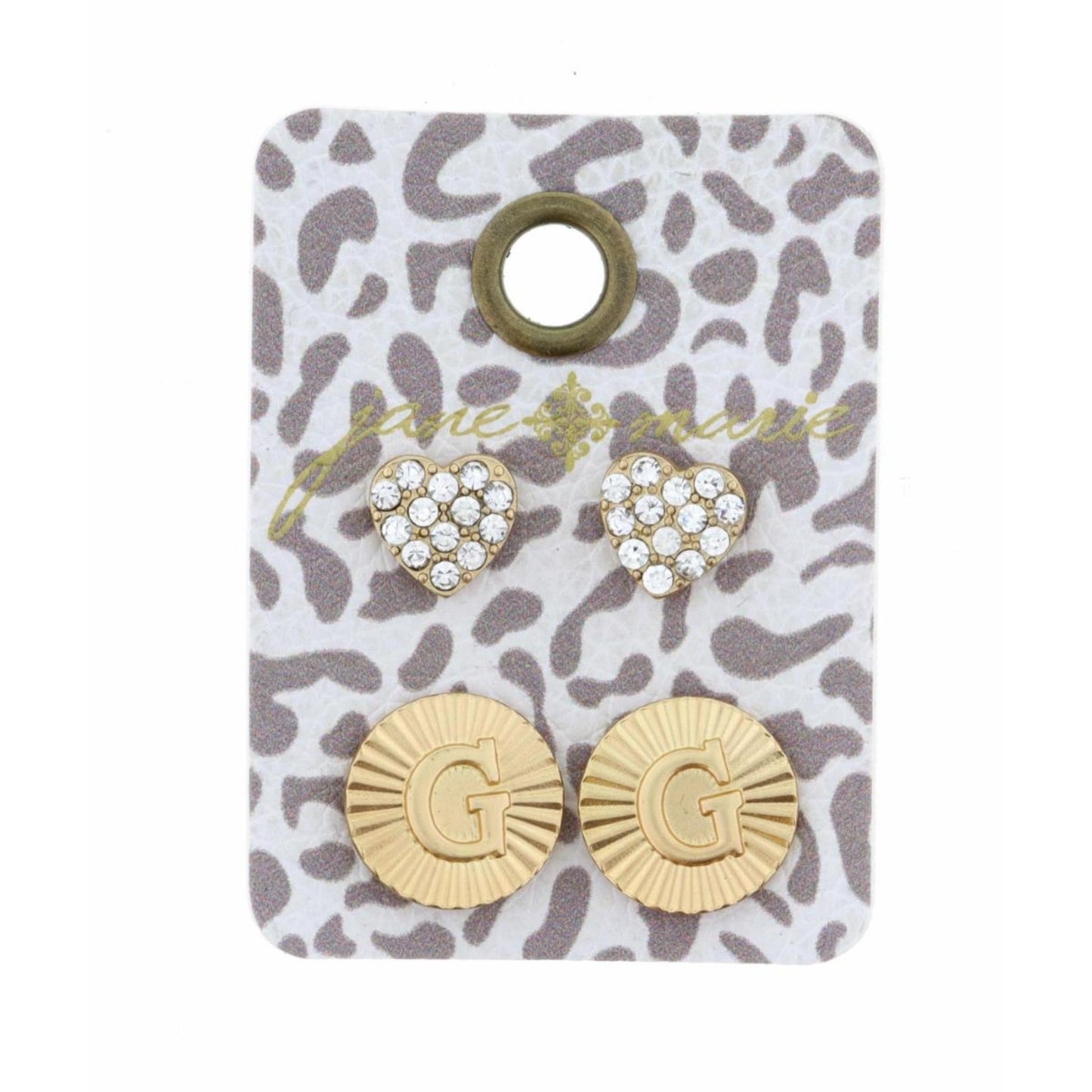 Set of 2, Crystal Heart and Gold Textured Disc with Initial "G" Earrings