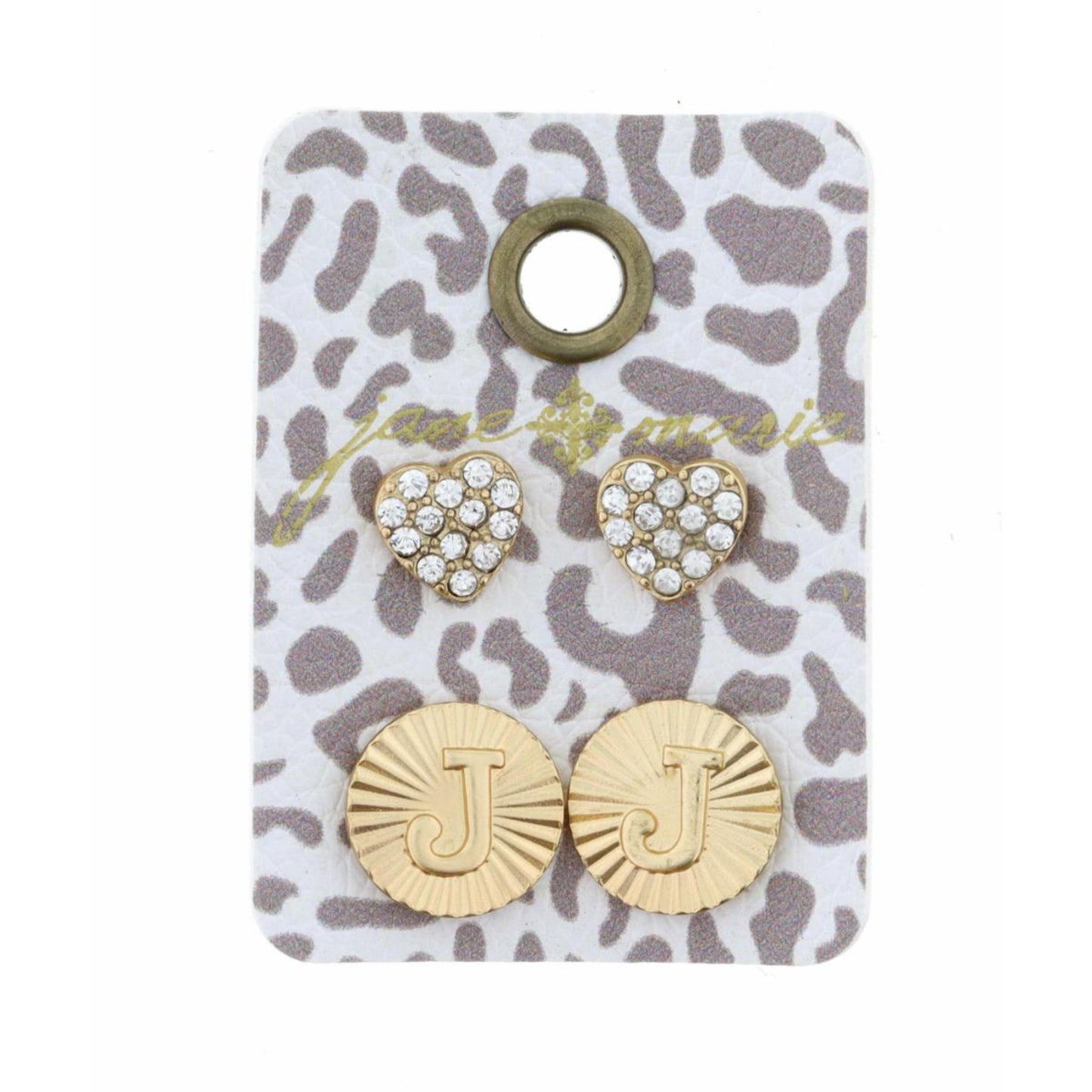 Set of 2, Crystal Heart and Gold Textured Disc with Initial "J" Earrings