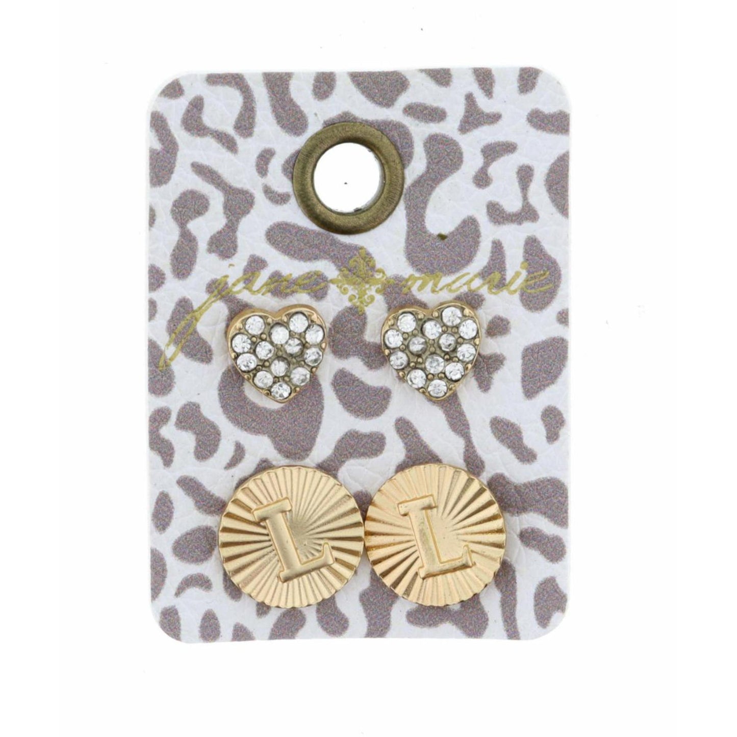 Set of 2, Crystal Heart and Gold Textured Disc with Initial "L" Earrings