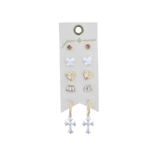 Pink Crystal, Silver Butterfly, Heart, Crystal Cluster, Hoop with Silver Cross Earrings