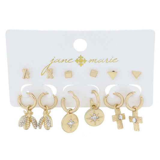 3 Stud, Gold "X", and 3 Hoops, Gold Bee, Earrings, .25", .15", .15", .85", .85", .85" Top to Bottom