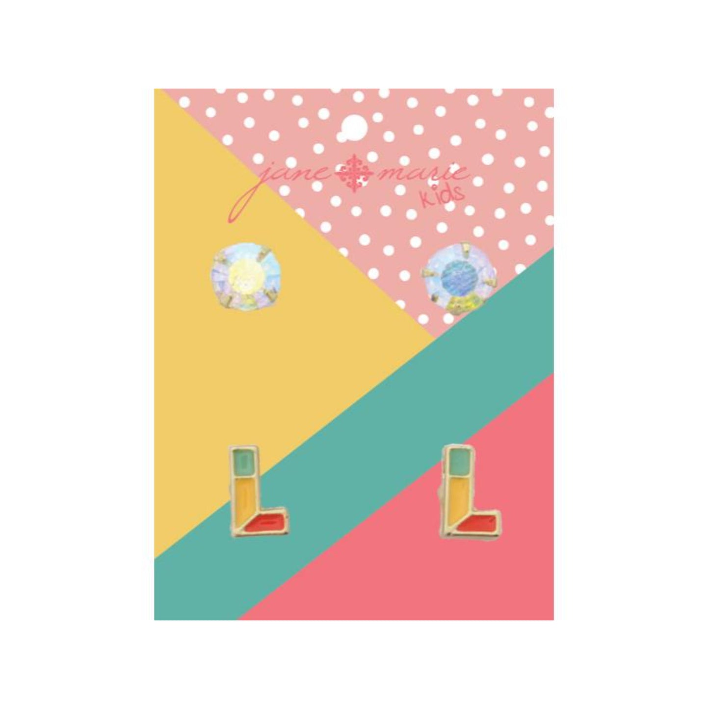 Kids 2 Stud Set, AB Crystal, Multi Enamel Colorblock "L" Initial Earrings