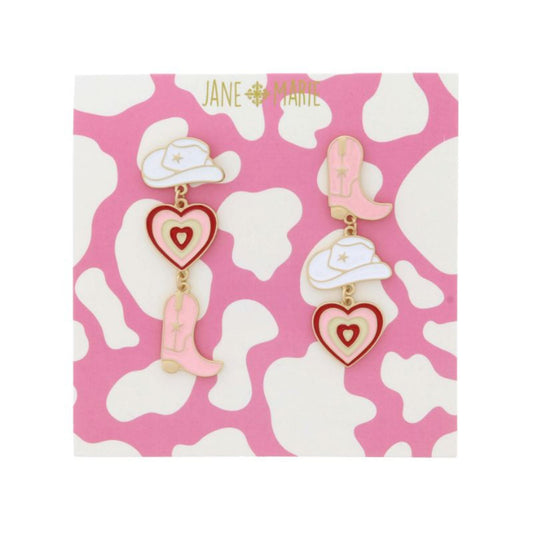 Tierred Light Pink Enamel Boot, White Enamel Hat, Red Pink White Enamel Heart Earrings