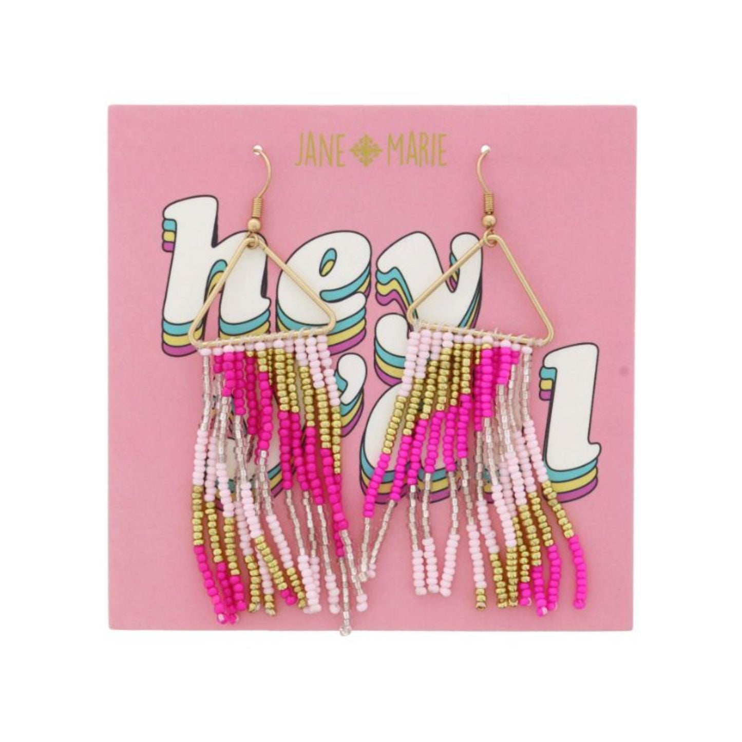 Gold Wire Triangle with Light Pink, Gold, Hot Pink Beaded Fringe Earrings