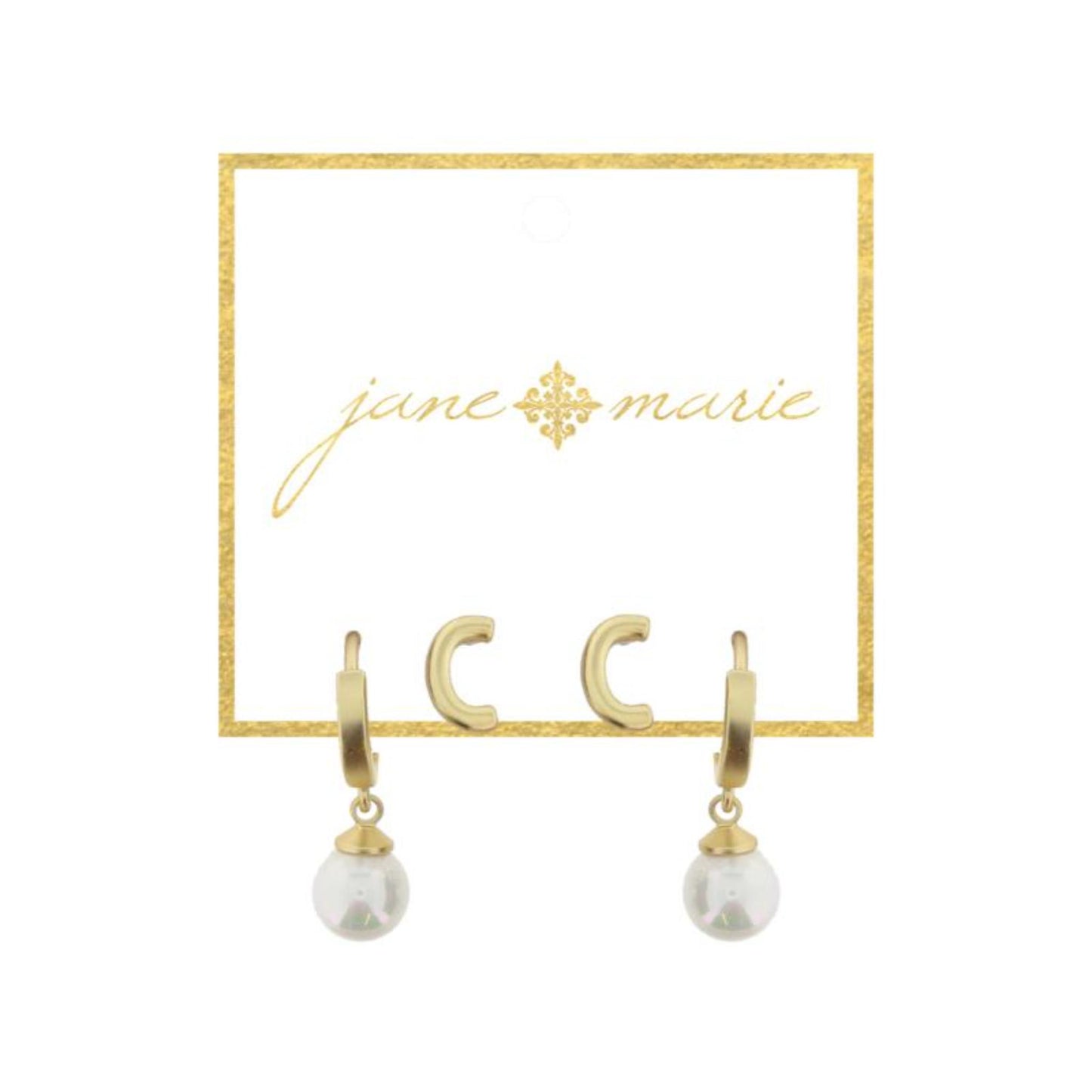 Set of 2, Gold "C" Initial Stud, Gold Huggie with Pearl Dangle Earrings