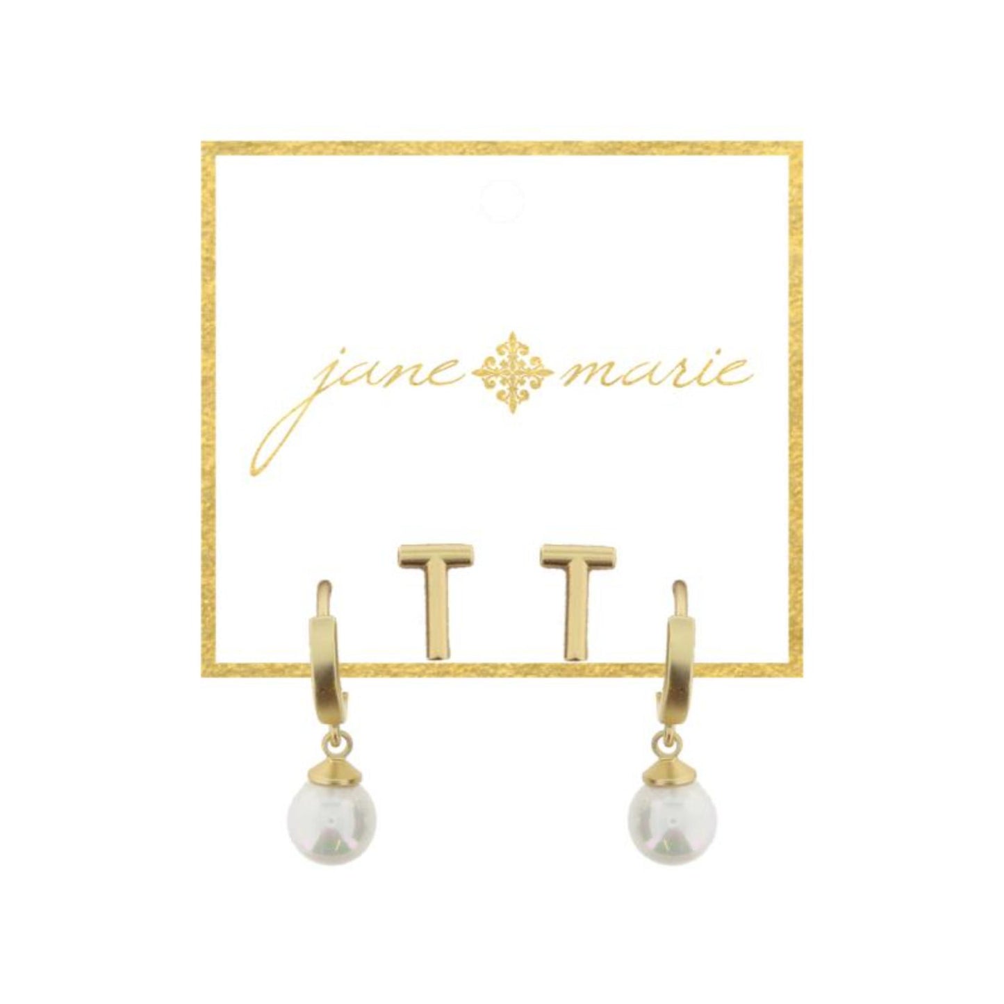 Set of 2, Gold "T" Initial Stud, Gold Huggie with Pearl Dangle Earrings