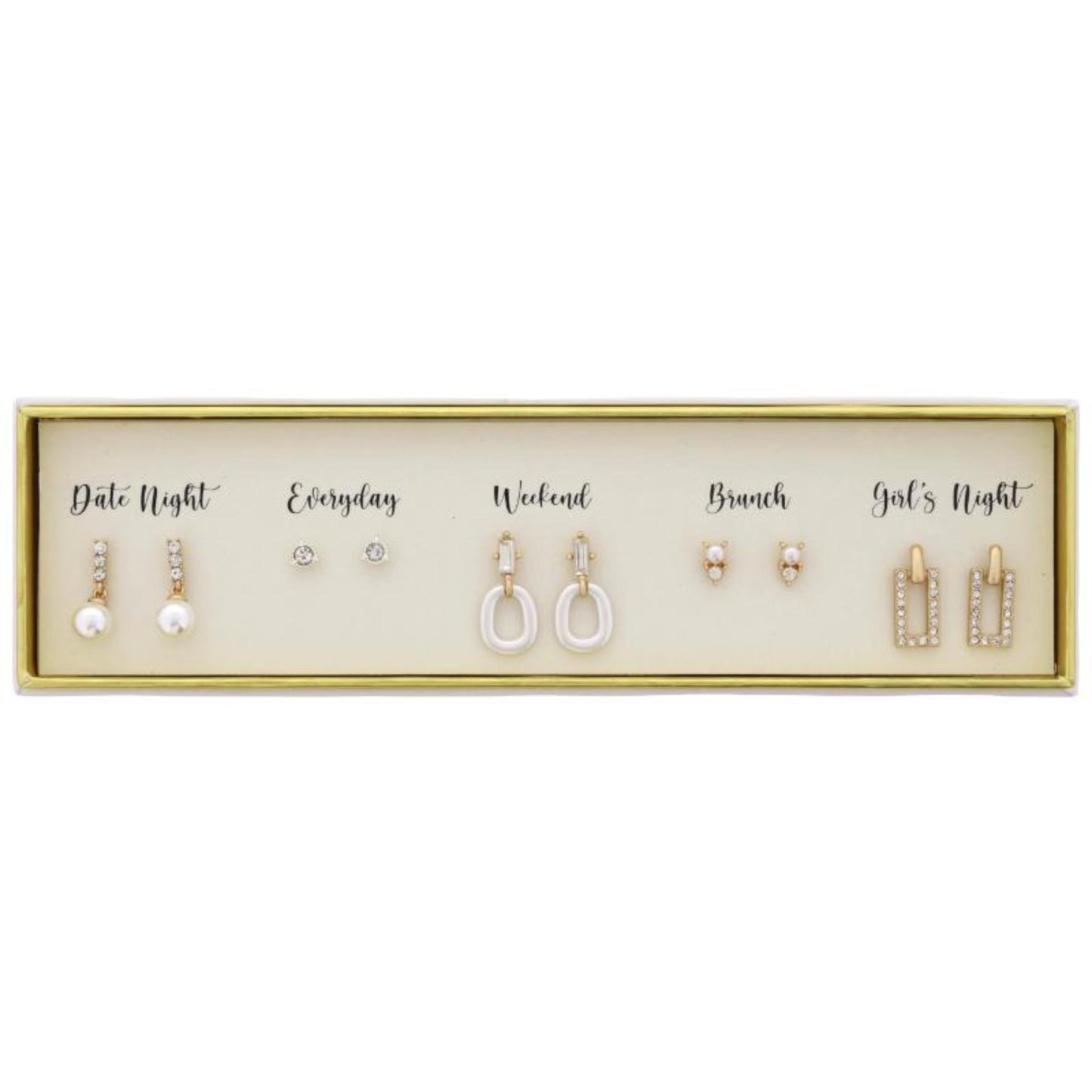 Boxed 6 Earring Set, Pearl Dangle, Claw Prong Crystal, Oval Loop, Pearl & Crystal, Latch Crystal
