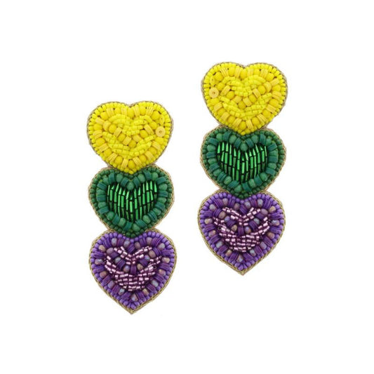Stacked Sequin and Beaded Yellow Heart, Green Heart, Purple Heart Earrings