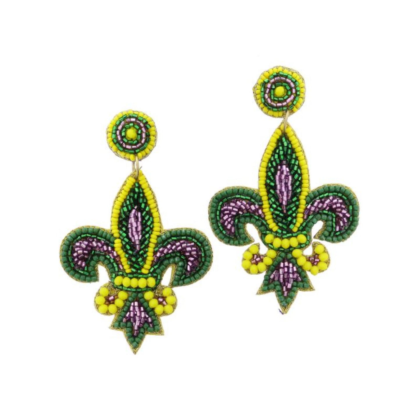Multi Green, Yellow, Purple Beaded Post and Fleur De Lis Earrings