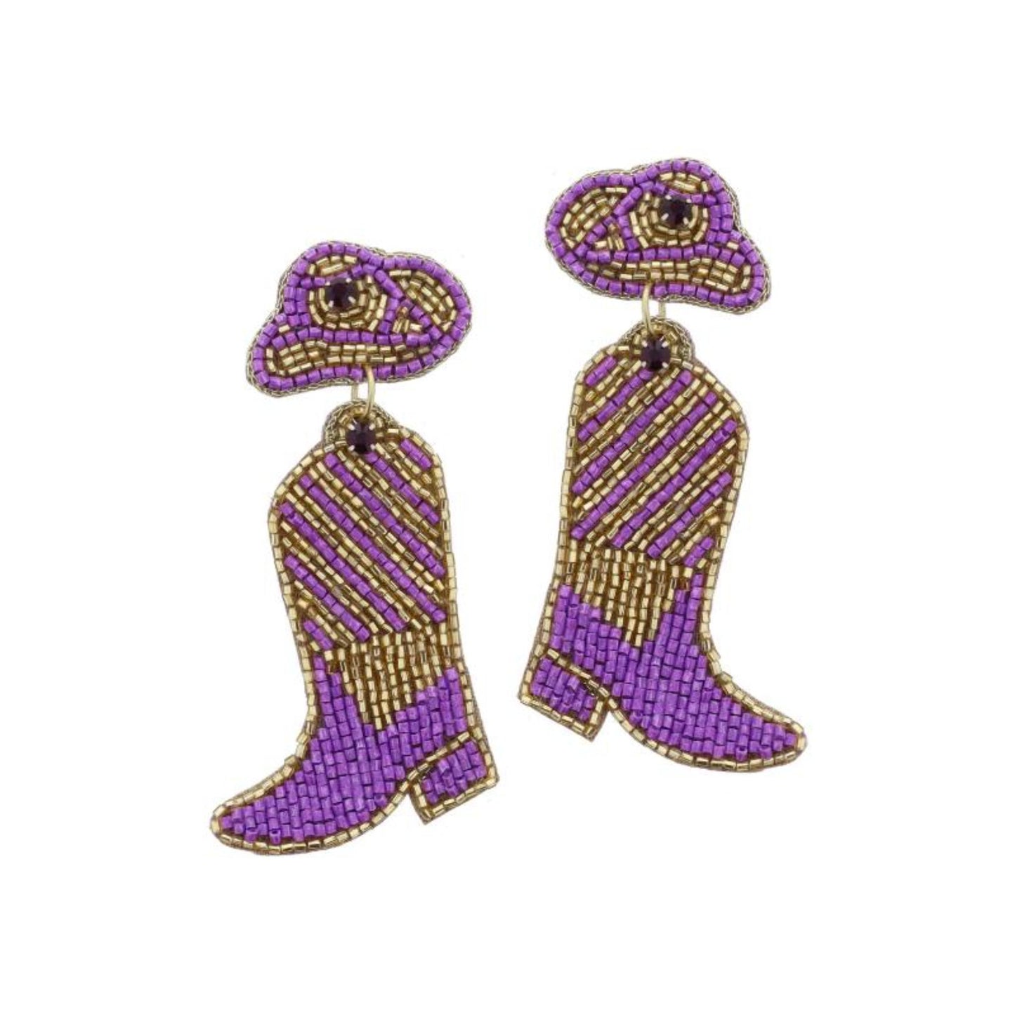 Gold and Purple Beaded Cowgirl Hat and Cowgirl Boot Earrings