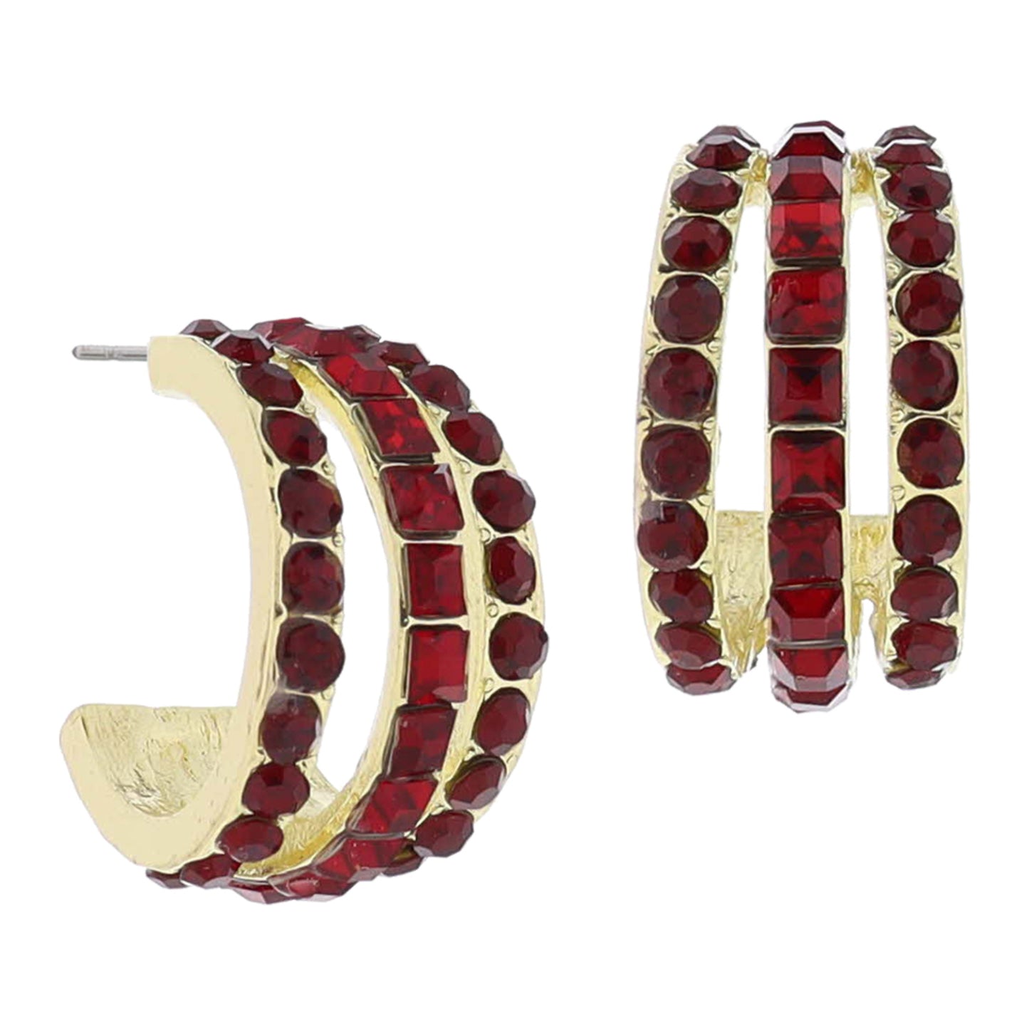 Garnet Crystal Hoop Cluster Earrings, .85" Top to Bottom