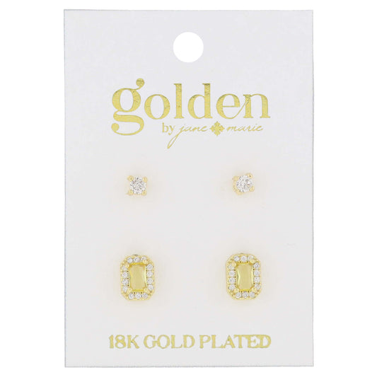 18K Gold Plated 2 Stud Set, Crystal, Topaz Baguette Earrings, .15", .35" Top to Bottom