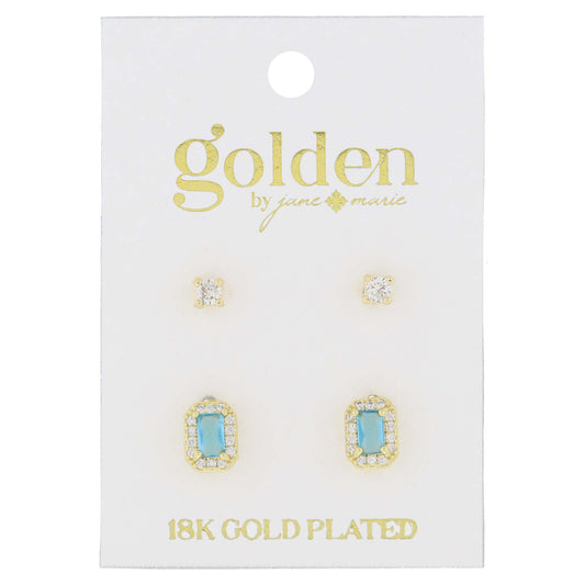 18K Gold Plated 2 Stud Set, Crystal, Aquamarine Baguette Earrings, .15", .35" Top to Bottom