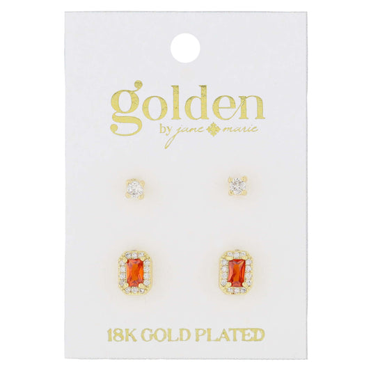 18K Gold Plated 2 Stud Set, Crystal, Ruby Baguette Earrings, .15", .35" Top to Bottom