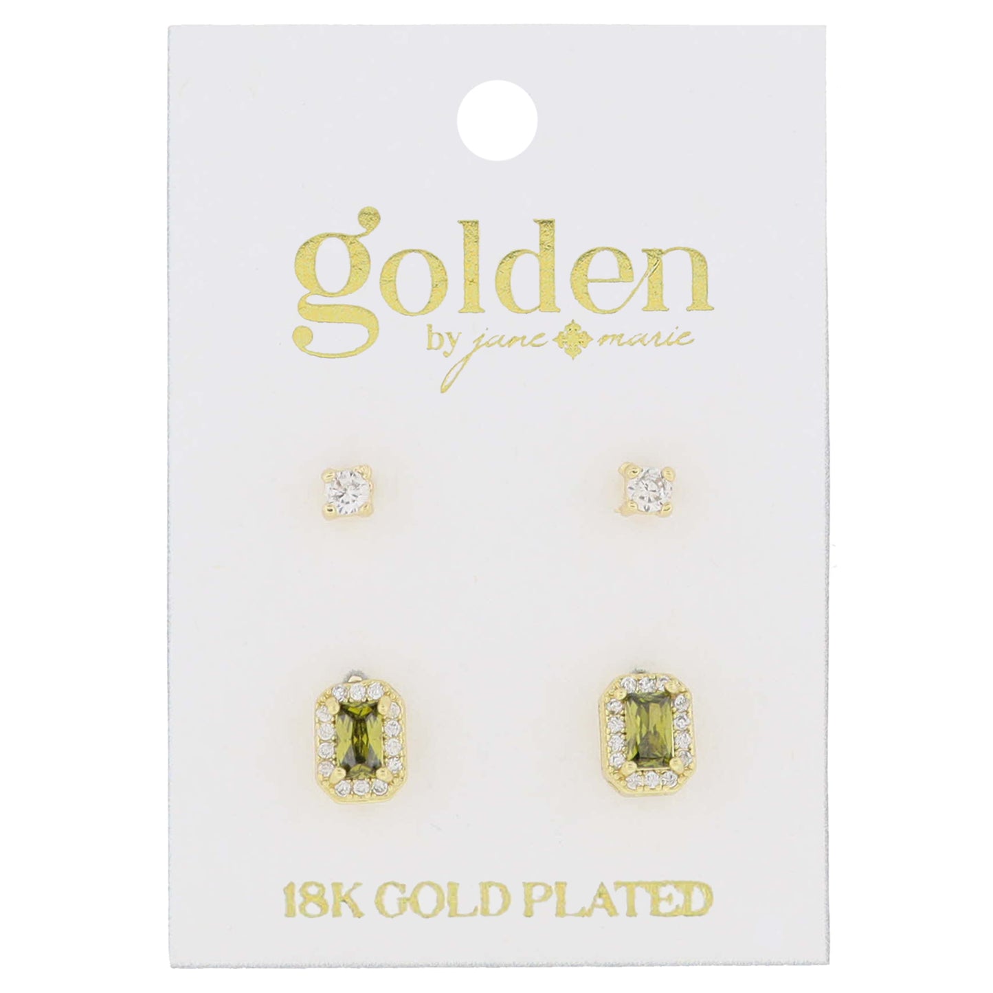18K Gold Plated 2 Stud Set, Crystal, Peridot Baguette Earrings, .15", .35" Top to Bottom