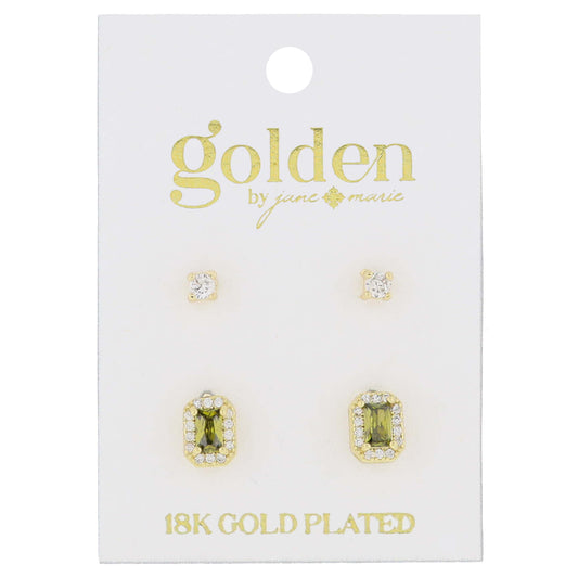 18K Gold Plated 2 Stud Set, Crystal, Peridot Baguette Earrings, .15", .35" Top to Bottom