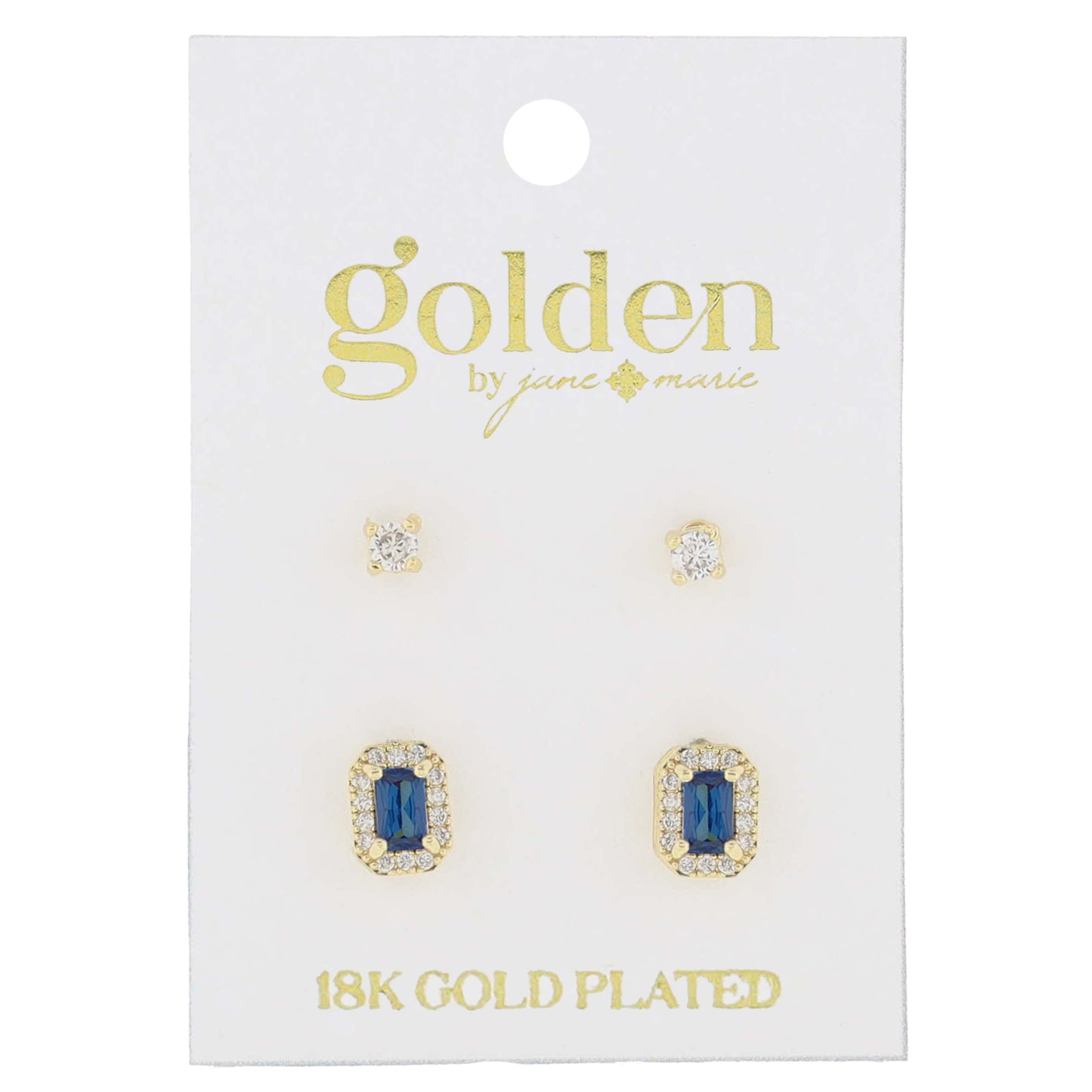 18K Gold Plated 2 Stud Set, Crystal, Sapphire Baguette Earrings, .15", .35" Top to Bottom