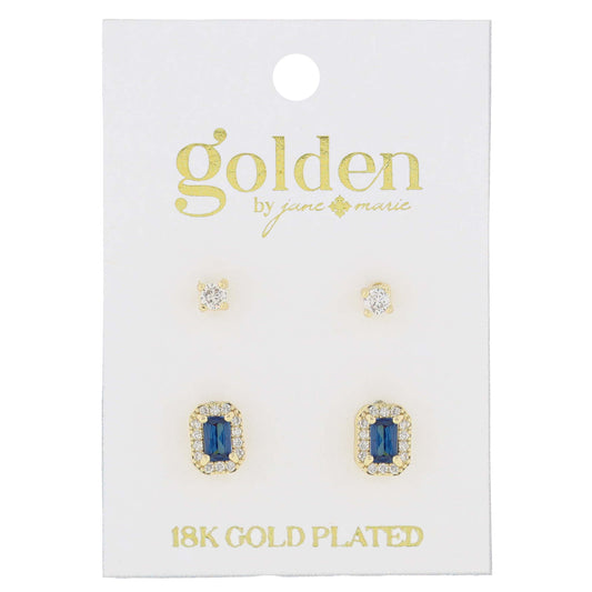 18K Gold Plated 2 Stud Set, Crystal, Sapphire Baguette Earrings, .15", .35" Top to Bottom