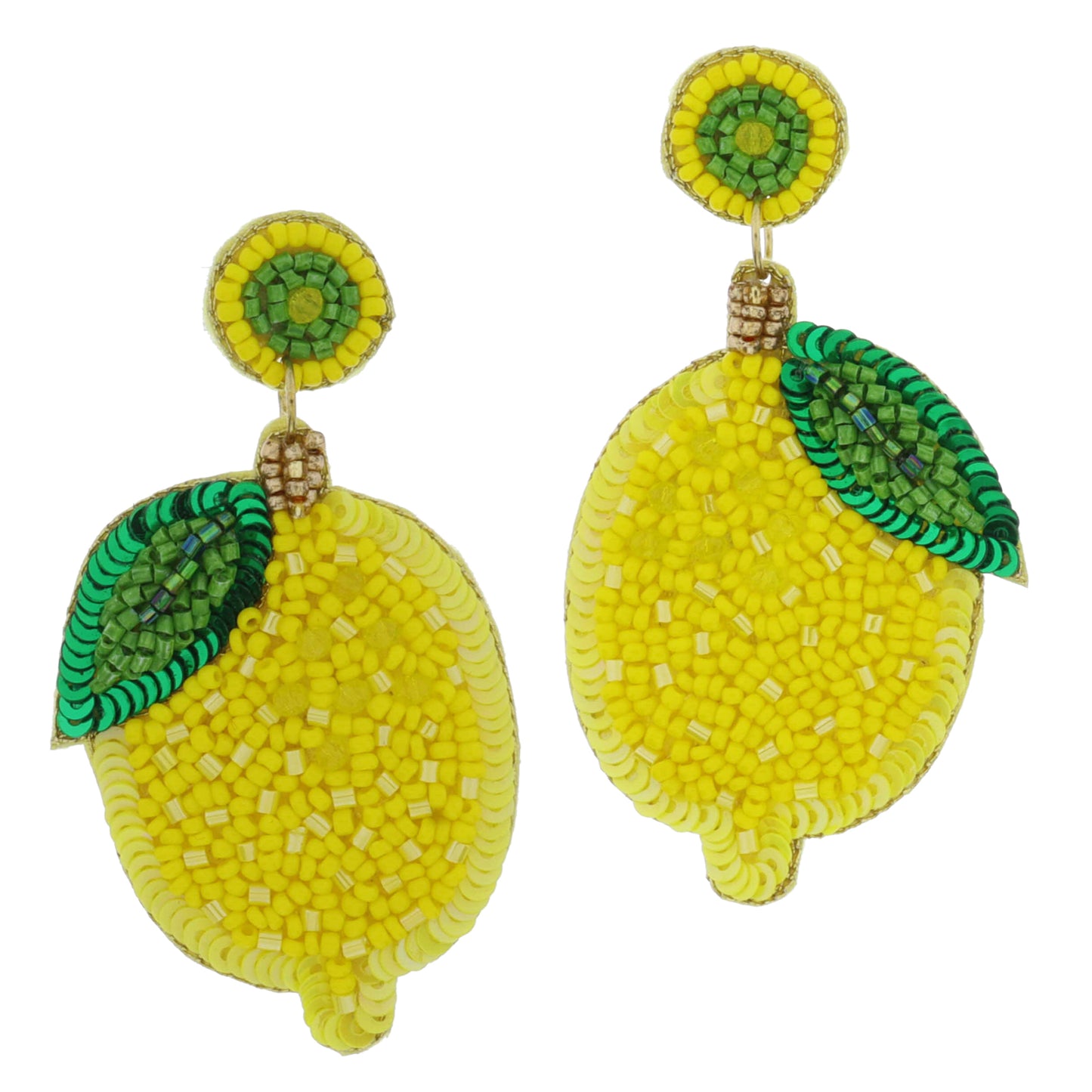 Yellow and Green Beaded Post Sequin and Beaded Lemon Earrings, 2.75" Top to Bottom