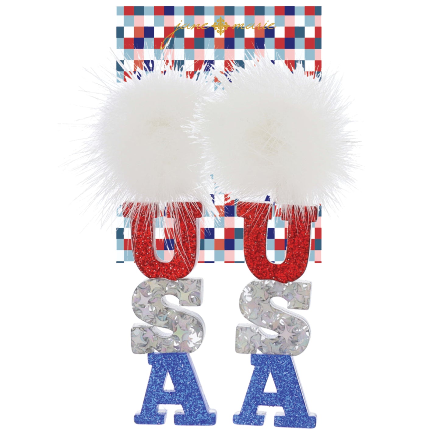 Fluffy White Pom Post with "USA" in Red, AB, & Blue Glitter Acrylic Earrings, 2.85" Top to Bottom