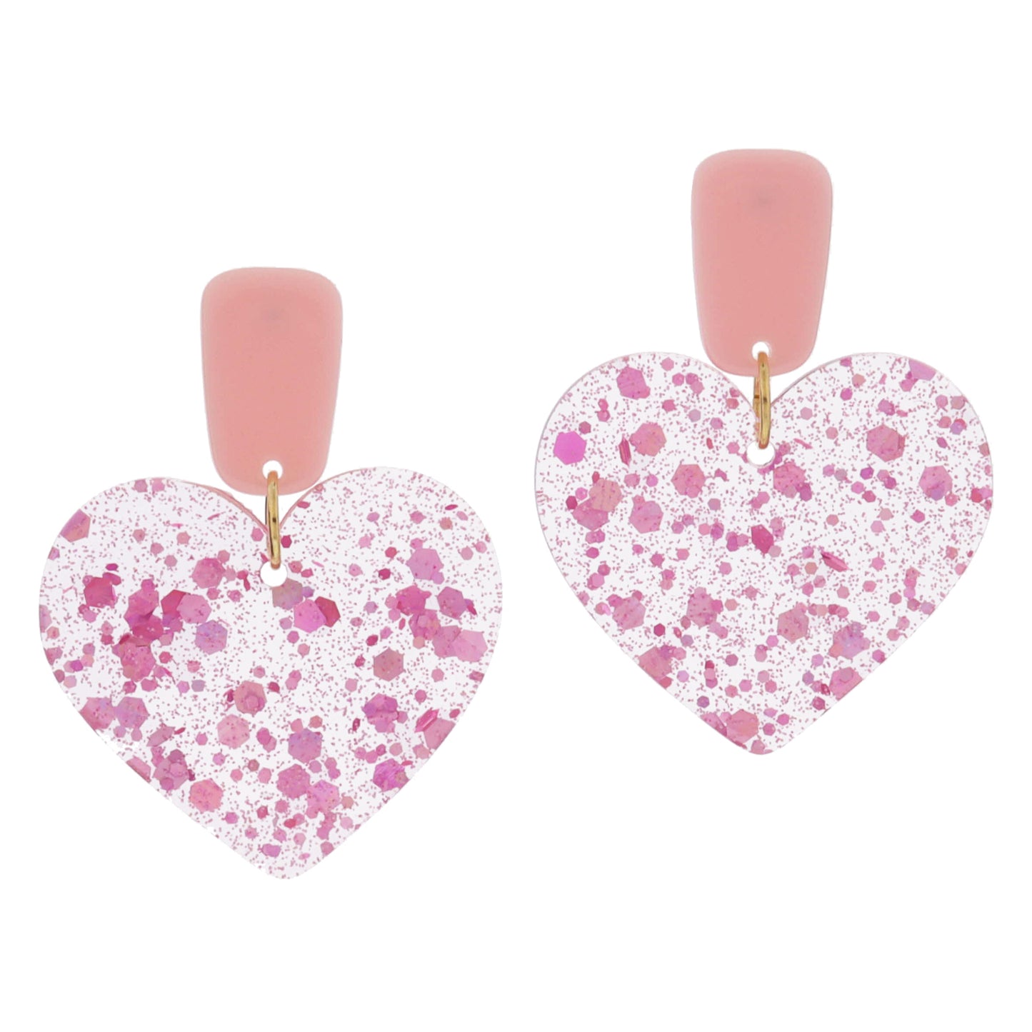 Light Pink Rectangle Acrylic Post & Iridescent Pink Glitter Resin Heart Earrings, 2" Top to Bottom