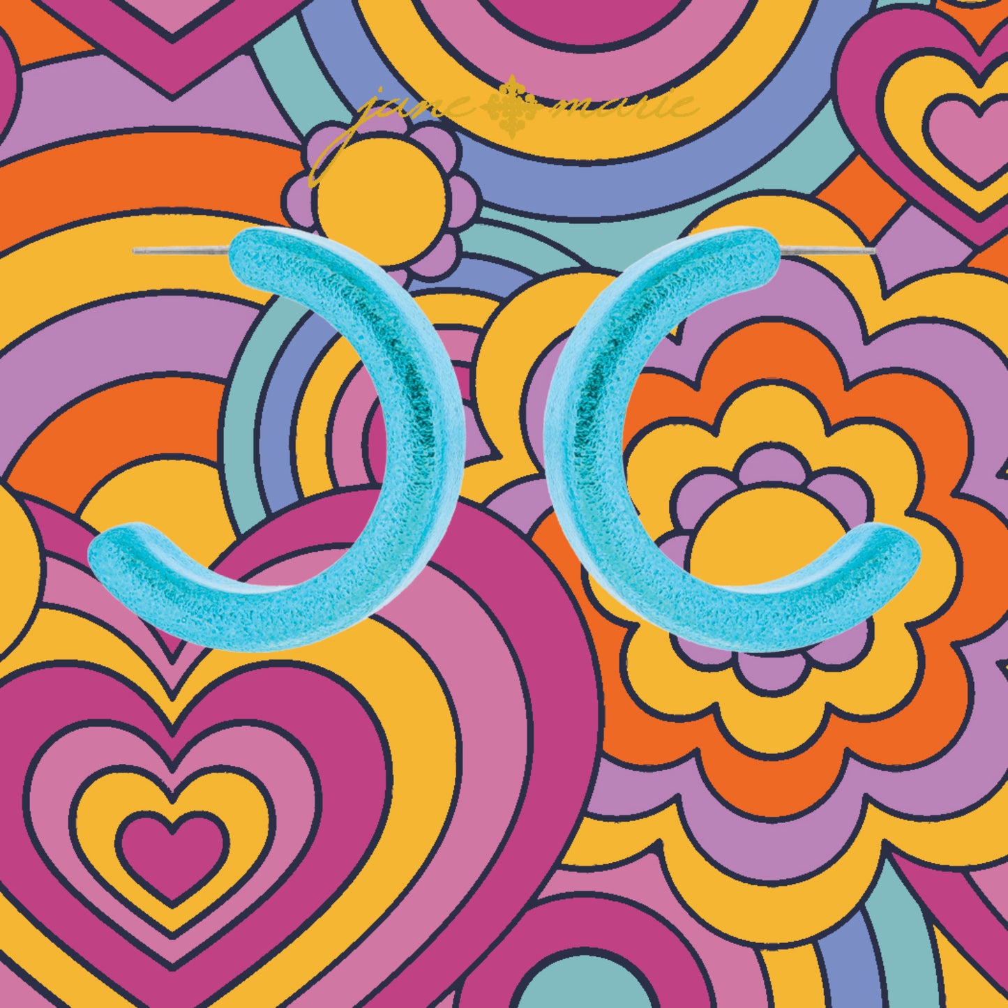 Metallic Turquoise Thick Textured Hoop Earrings, 1.5" Top to Bottom