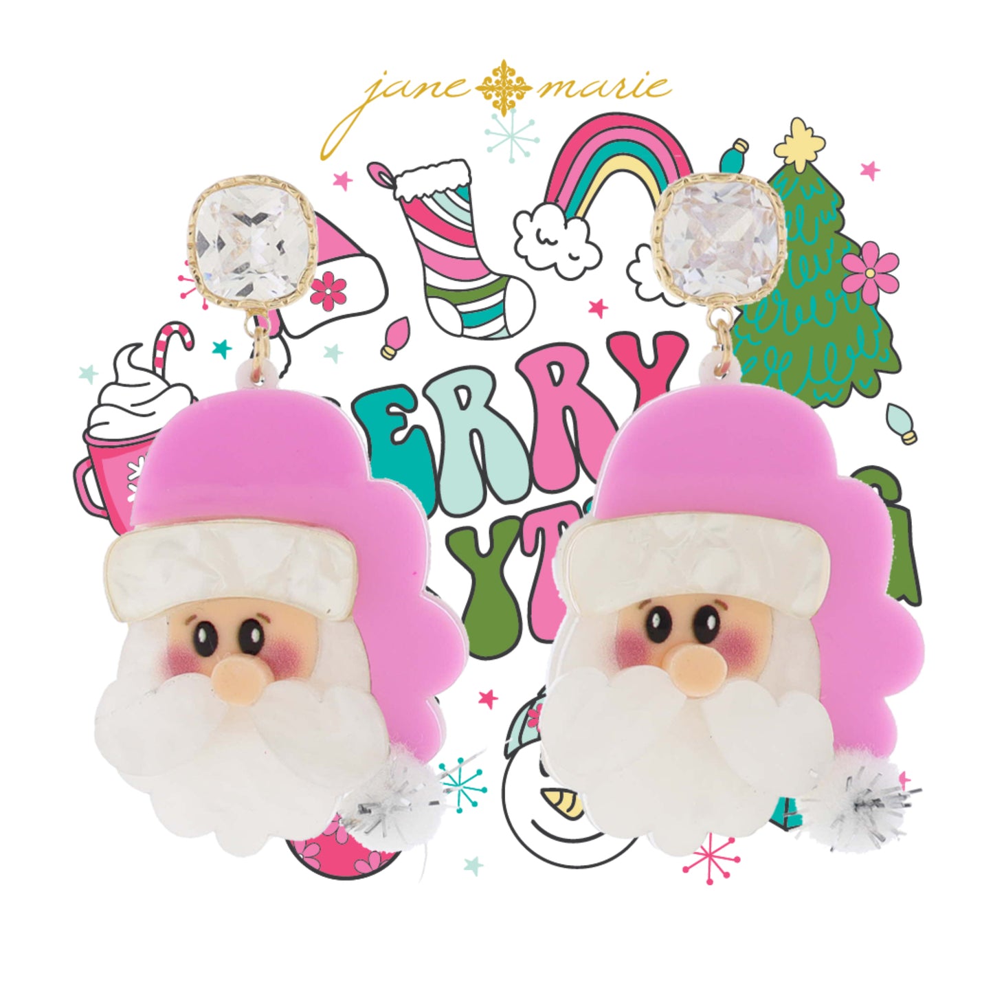 Clear Crystal Post with Pink & Pearlescent Resin Santa Face with Pom Earrings, 2.35" Top to Bottom