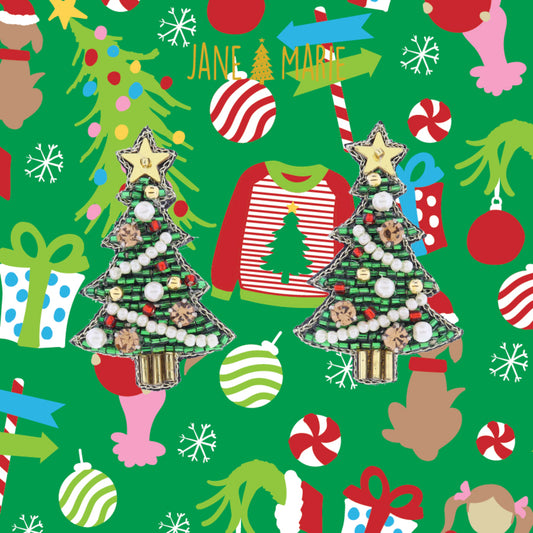 Multi Beaded Christmas Tree with Champagne Crystals and Pearl Accents Earrings, 1.65" Top to Bottom