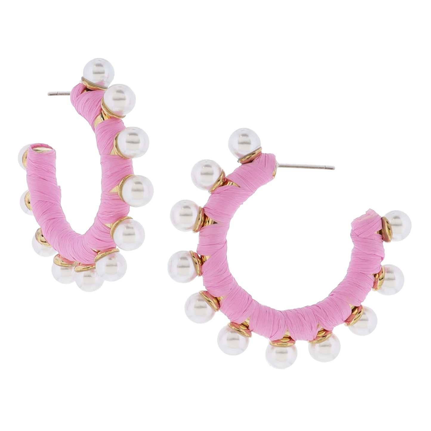 Pink Raffia Wrapped Tubular Hoop with Pearl Studs Earrings, 1.75" Top to Bottom