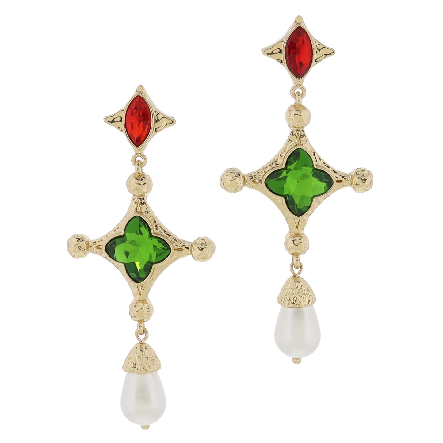 Red Marquise Crystal, Gold Diamond & Green Quatrefoil Crystal, Pearl Earring, 3" Top to Bottom Wide