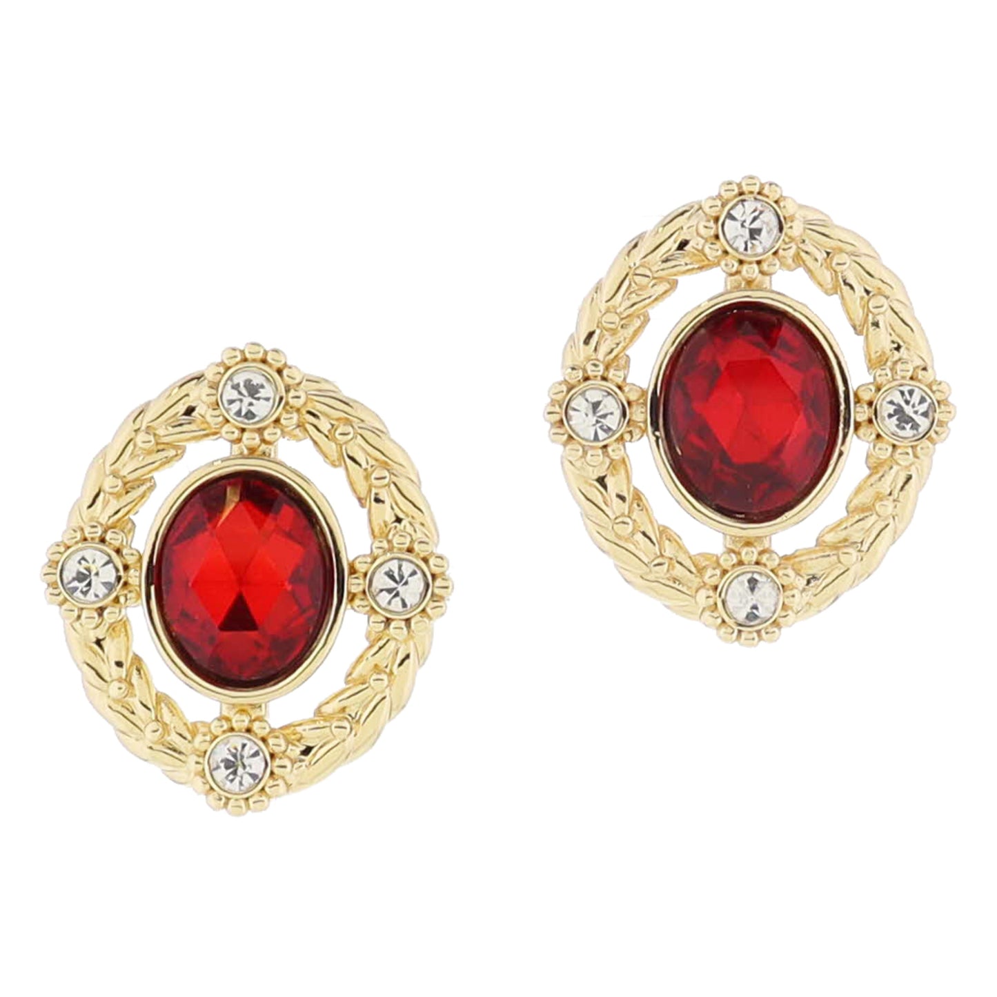Red Oval Crystal with Clear Crystal Points and Gold Braided Edge Earrings, 1" Top to Bottom Wide
