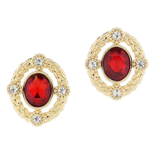 Red Oval Crystal with Clear Crystal Points and Gold Braided Edge Earrings, 1" Top to Bottom Wide