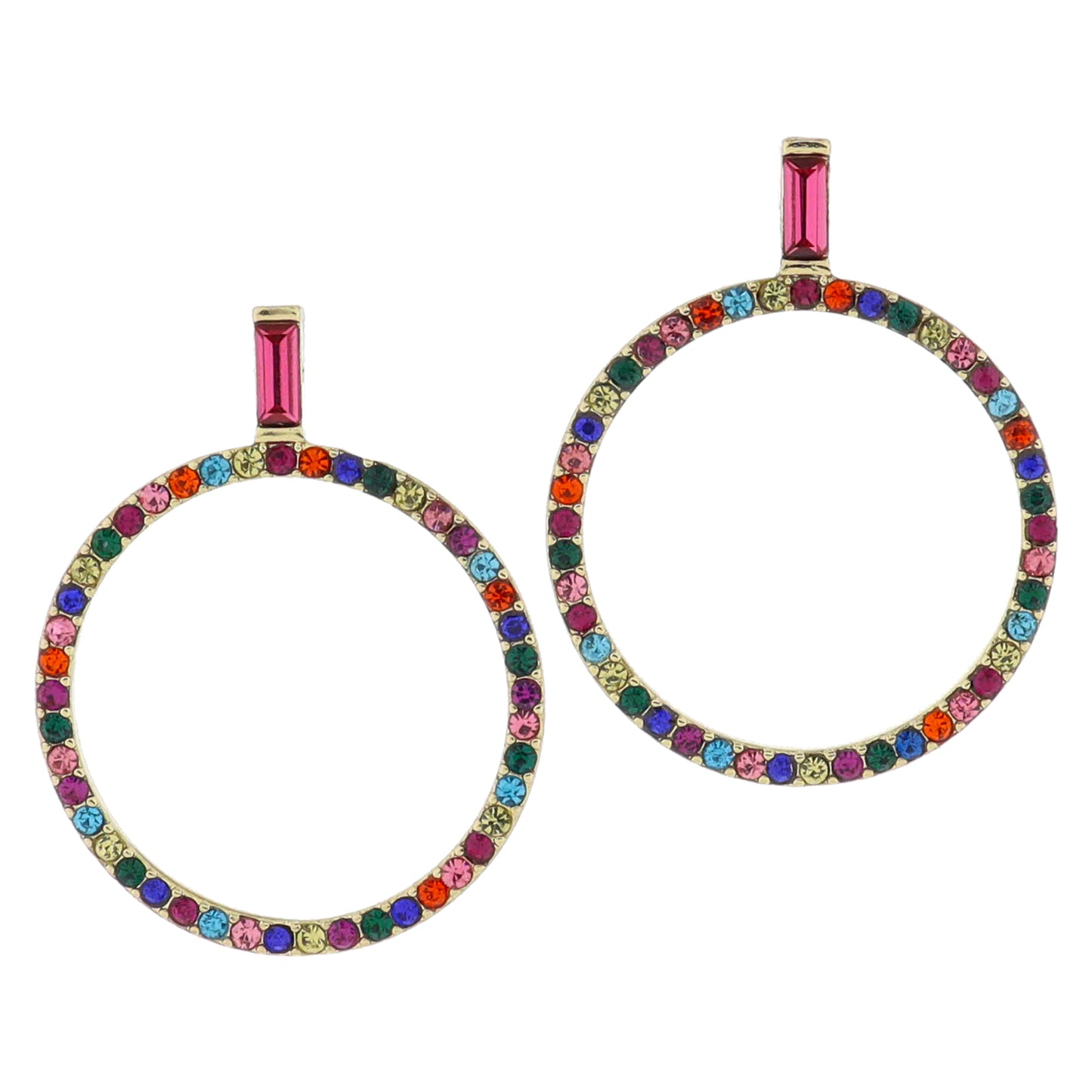 18K Gold Plated Pink Baguette Crystal Post & Multi Crystal Circle Earrings, 1.85" Top to Bottom