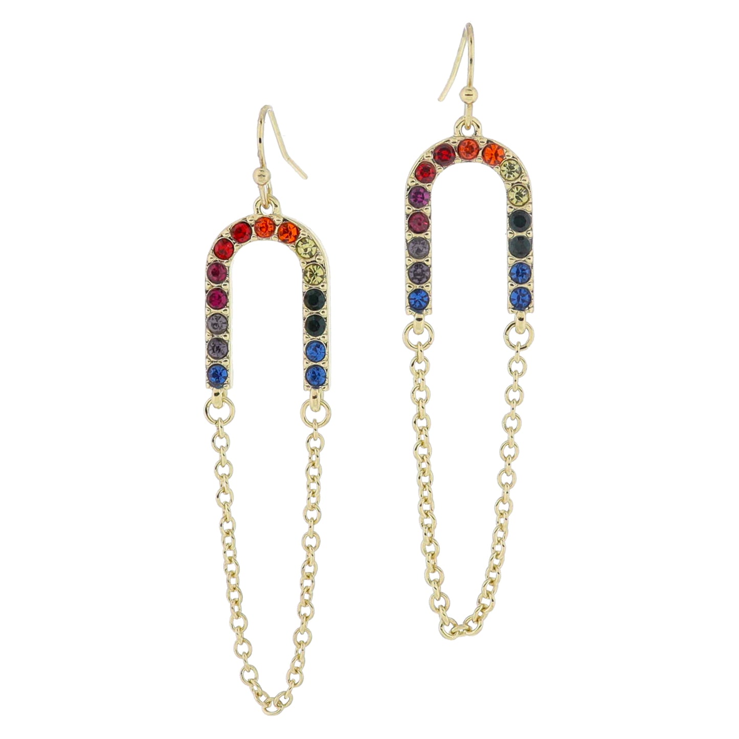 18K Gold Plated Multi Crystal Arch with Connecting Chain Loop Earrings, 2.5" Top to Bottom