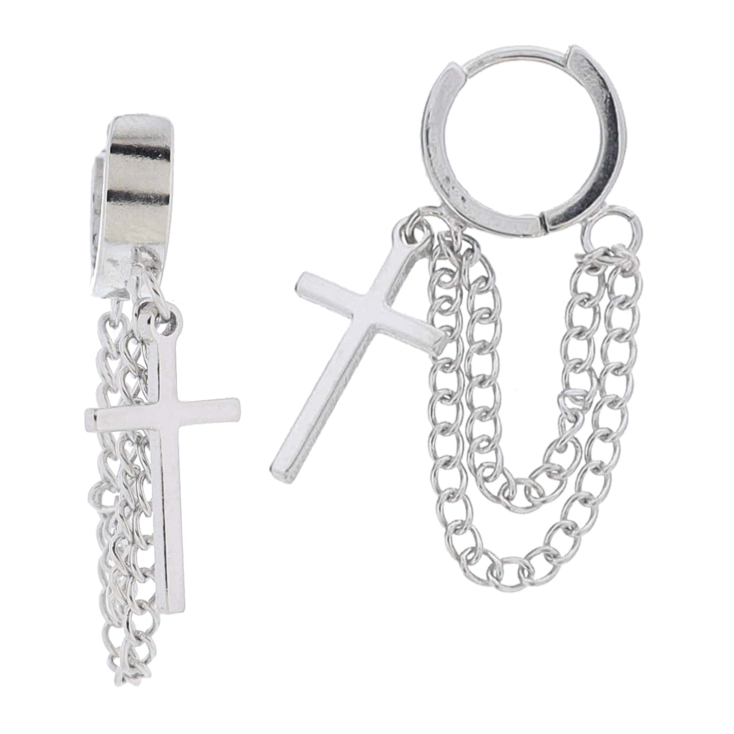 18K Gold Plated Silver Huggie with Silver Cross & Double Drapped Chain Earrings, .85" Top to Bottom